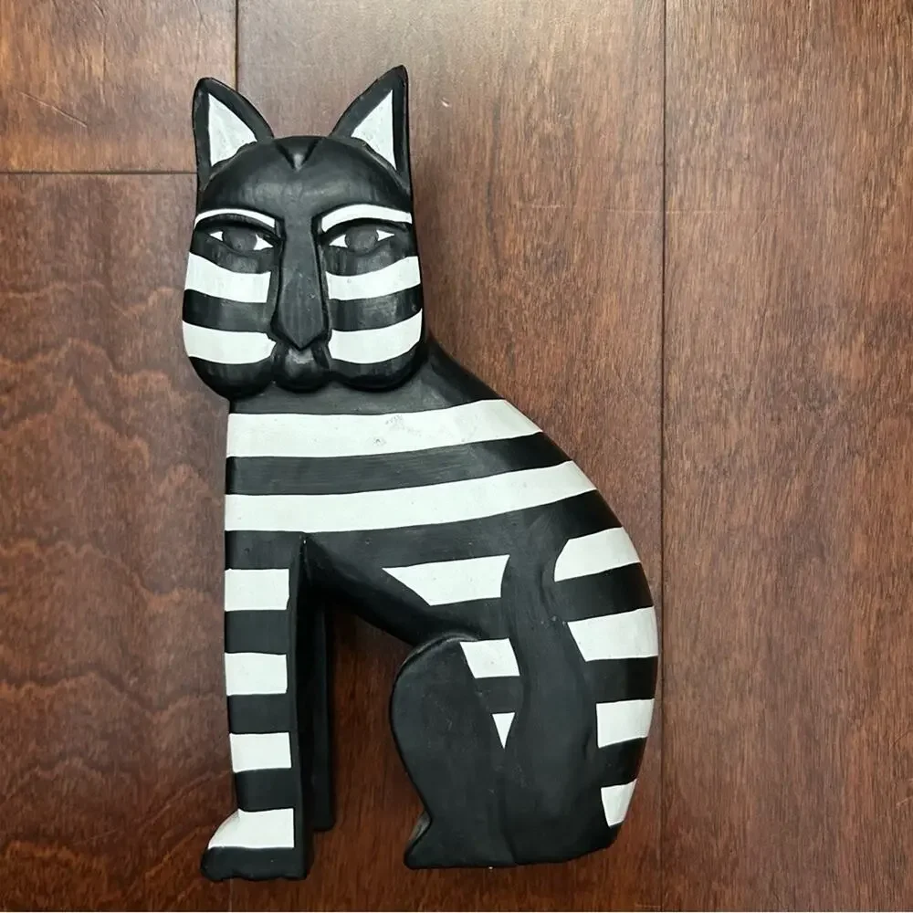 Laurel Burch Style Vintage Pair of Striped Black and White Cat Wooden Figurines